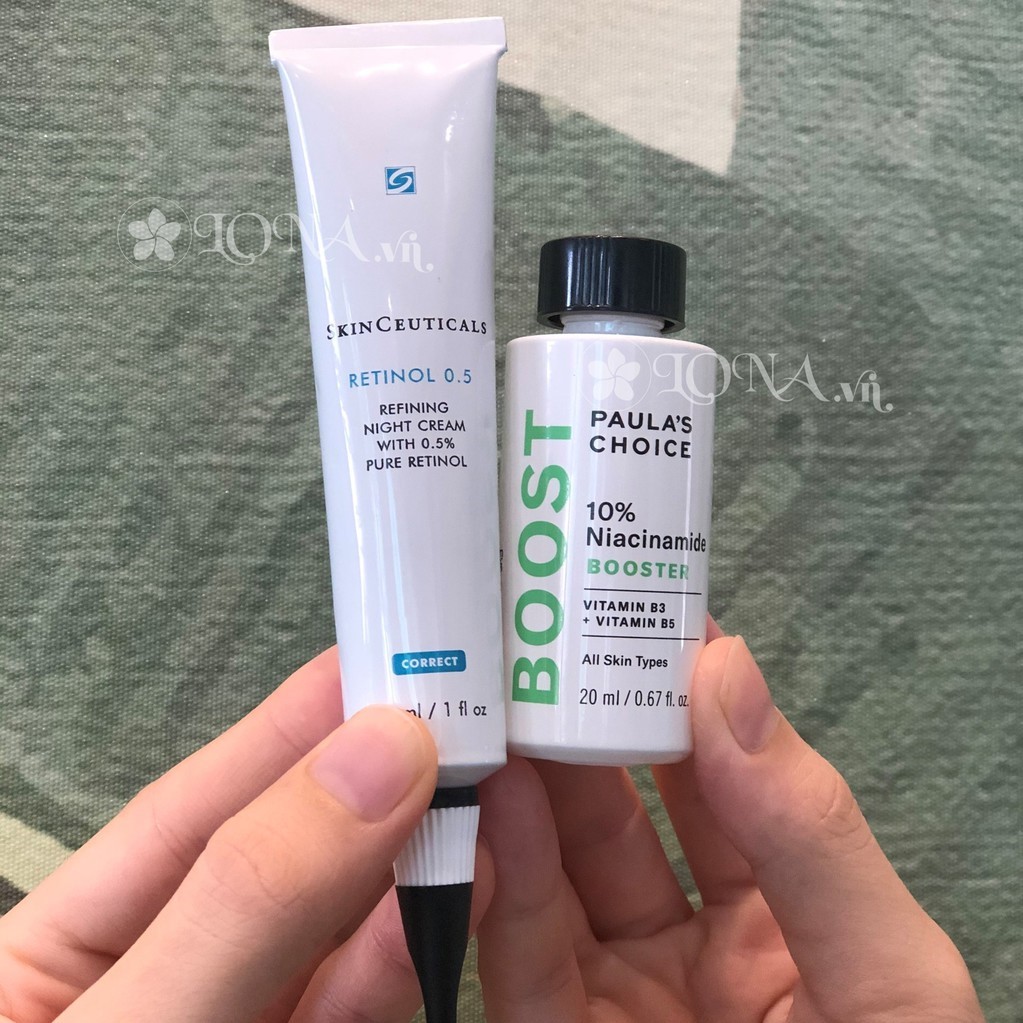 Skinceuticals Retinol kết hợp cùng hoạt chất Niacinamide của Paula’s Choice là 2 thành phần tốt nhất cho làn da lão hoá, lỗ chân lông to